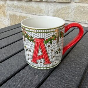 Anthropologie Festive Bistro Tile Stoneware Monogram Mug letter A